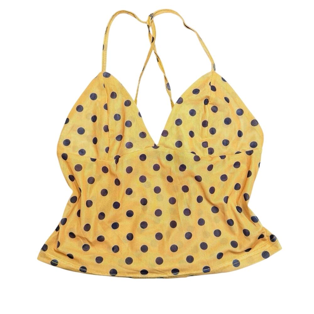 Y2K Polka Dot Halter Camisole Top Yellow Black Open Back Tie